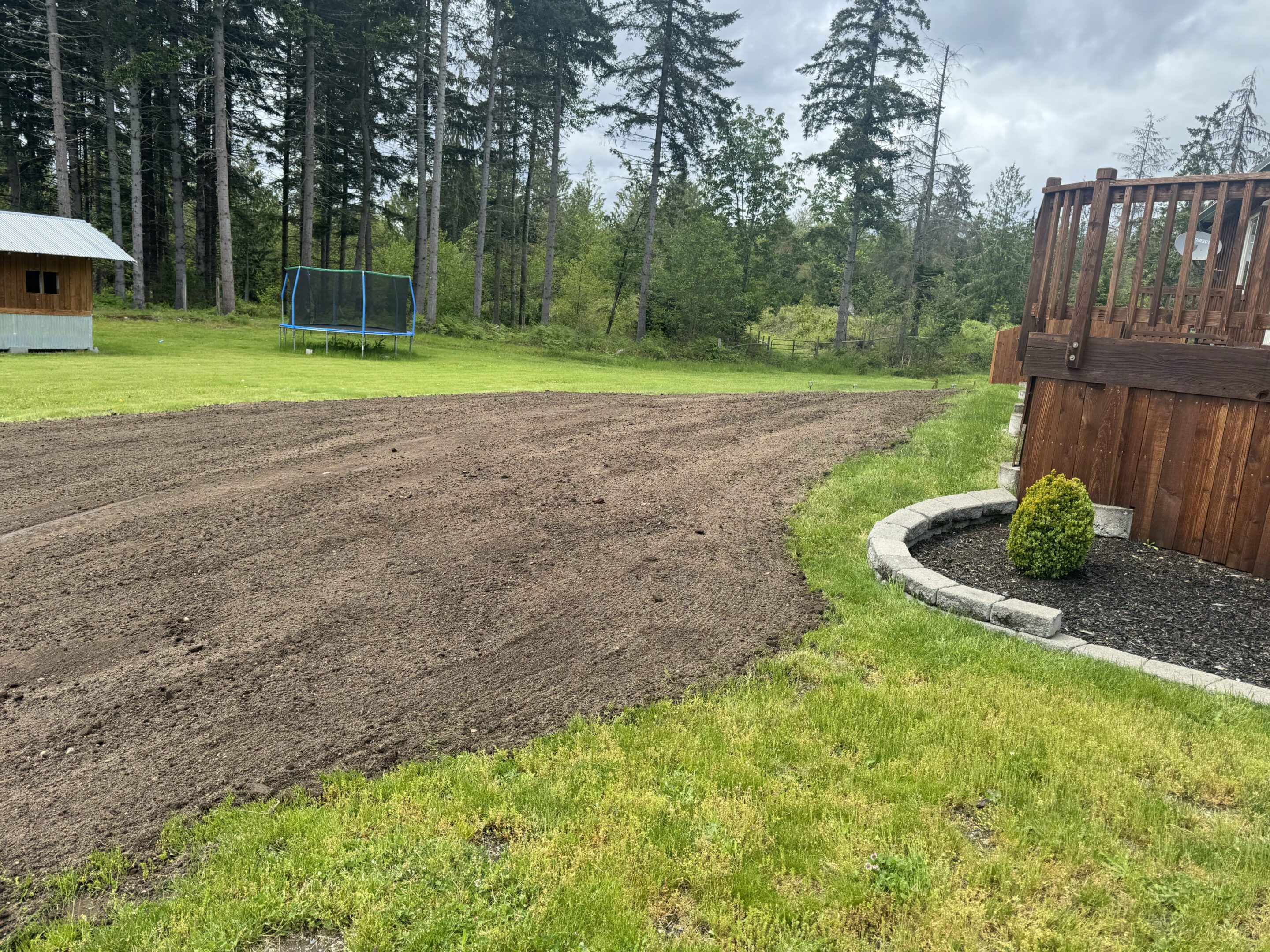 Freshly laid gravel path in a garden area surrounded by grass and trees.