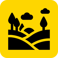 Sunrise over hills with trees icon.