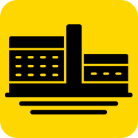 Icon of buildings on yellow background.