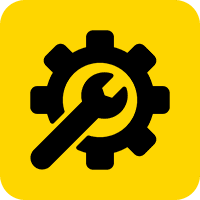 Gear and wrench icon on yellow background.
